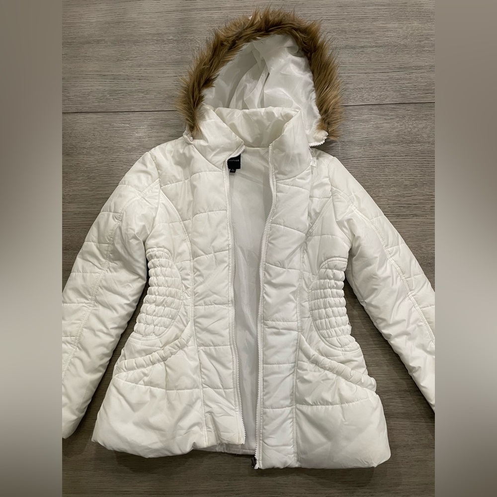 Rampage White Puffer Jacket with Faux Fur Hood